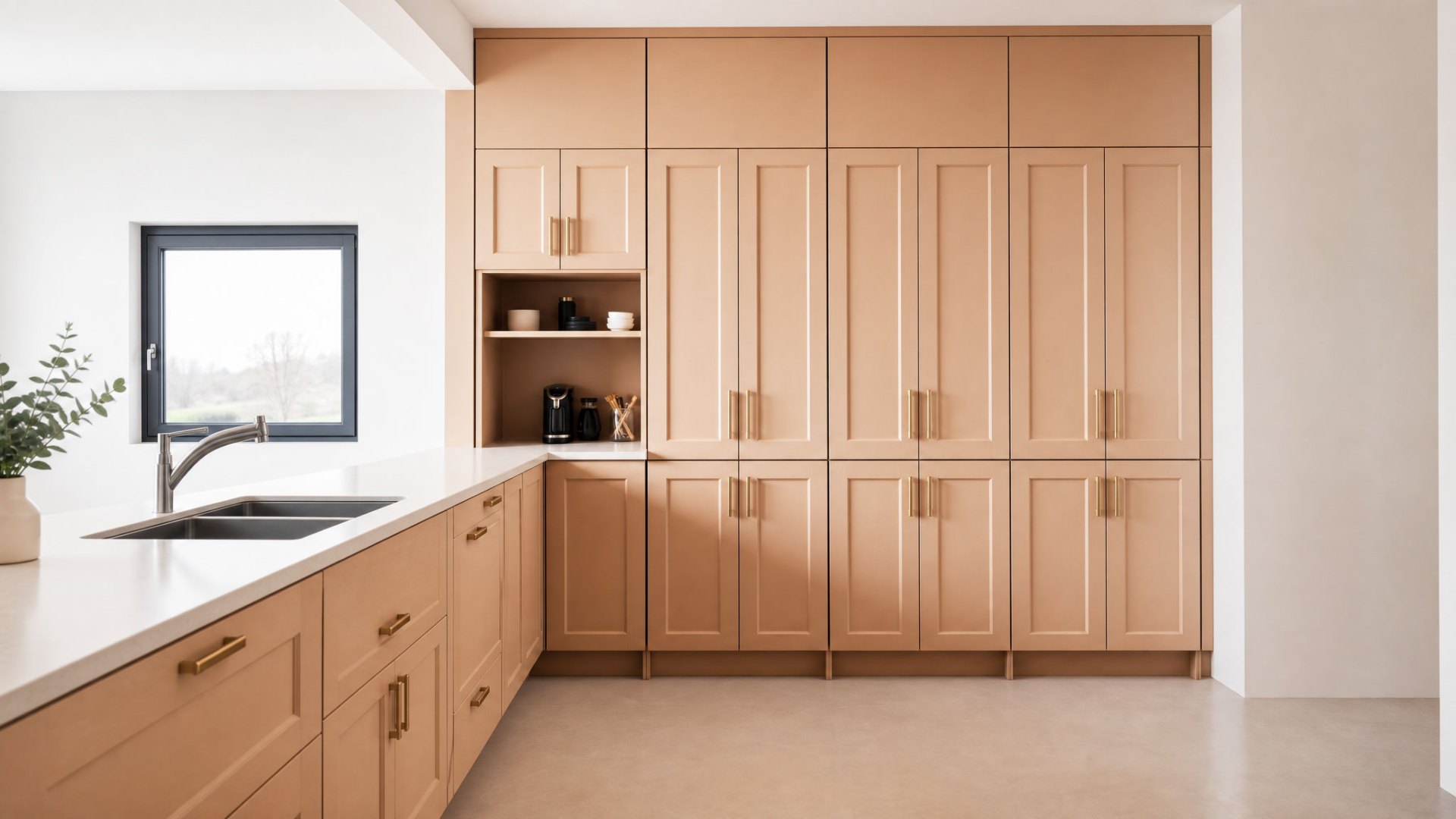 Warm minimalisme in maatwerk: een keukenwand die rust en ritme brengt.