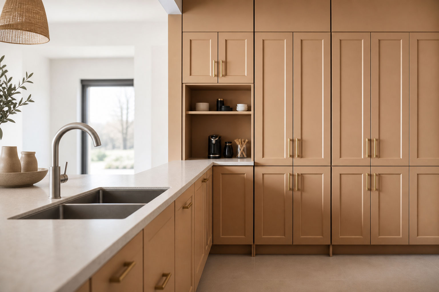 Warm minimalisme in maatwerk: een keukenwand die rust en ritme brengt. — beeld 2