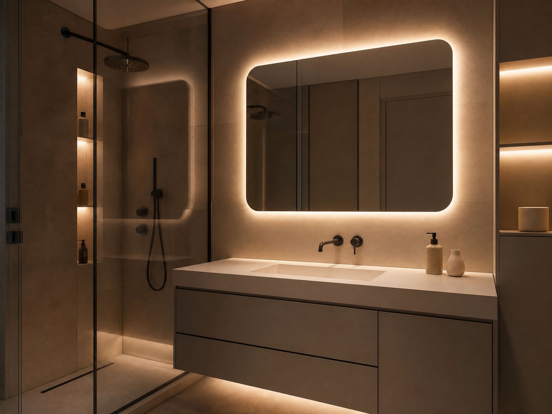 Geïntegreerde warme LED-verlichting onder een zwevend wastafelmeubel