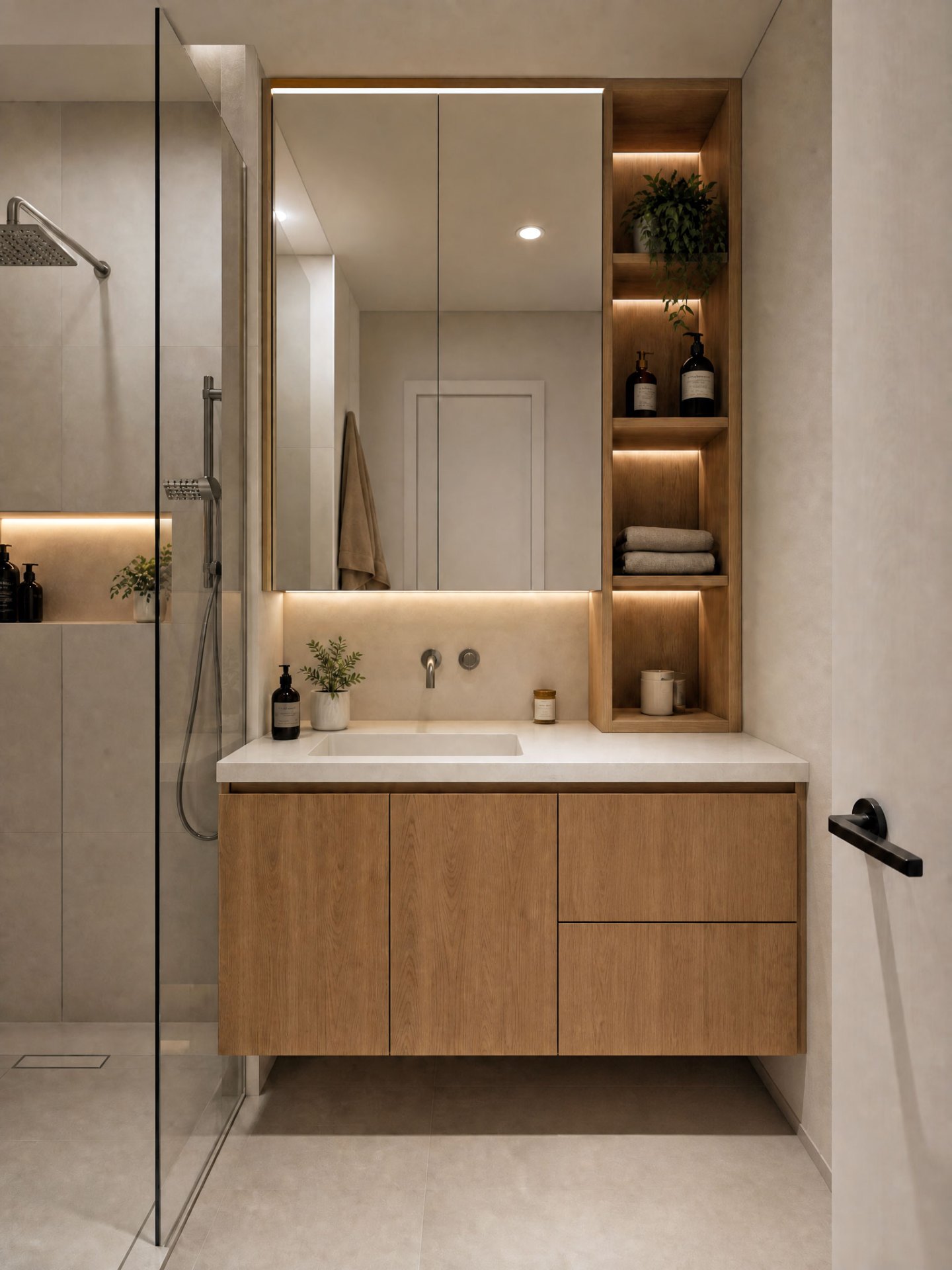 Compacte badkamer met zwevend wastafelmeubel die ruim aanvoelt