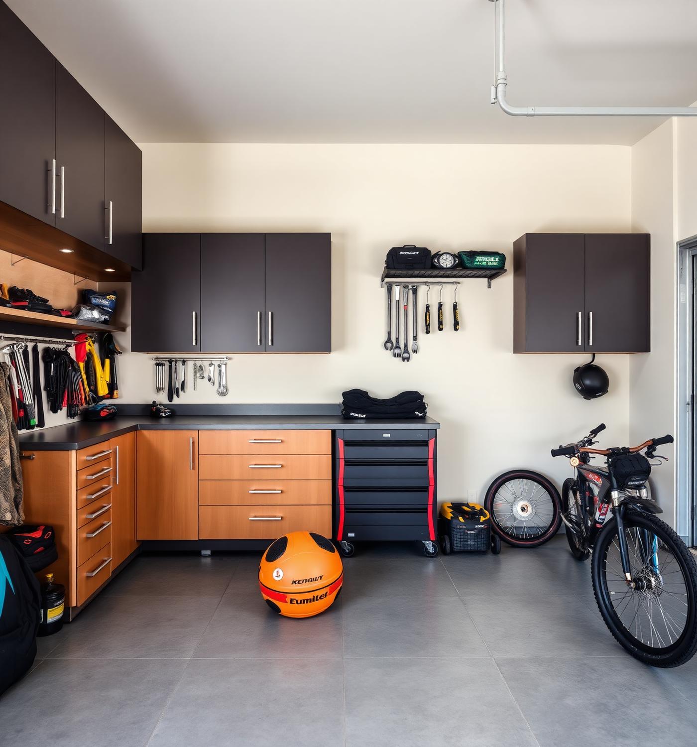 Overzichtelijke garage met maatwerk wandkasten en gereedschapsopslag
